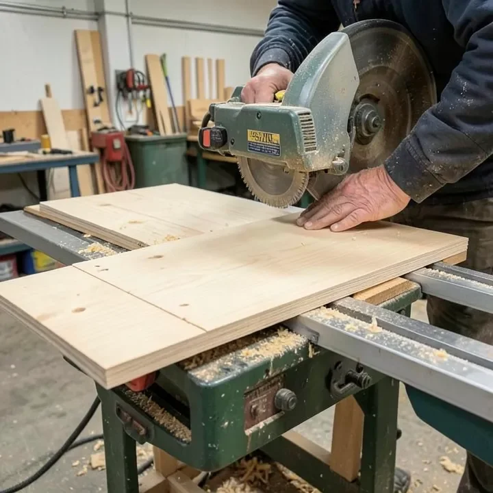 Woodworker ripping a plywood sheet on a contractor-style table saw with an outfeed support