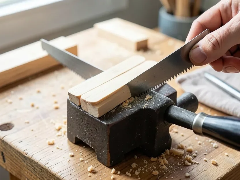 Fine-tooth hobby saw cutting through several popsicle sticks stacked and clamped together in a small vise