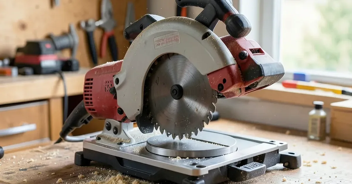 Compound miter saw with blade lowered onto its rotating table base in a workshop Compound miter saw with blade lowered onto its rotating table base in a workshop