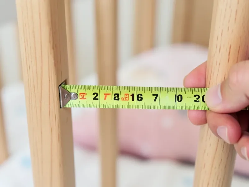 Tape measure checking the gap between crib spindles for CPSC slat-spacing compliance