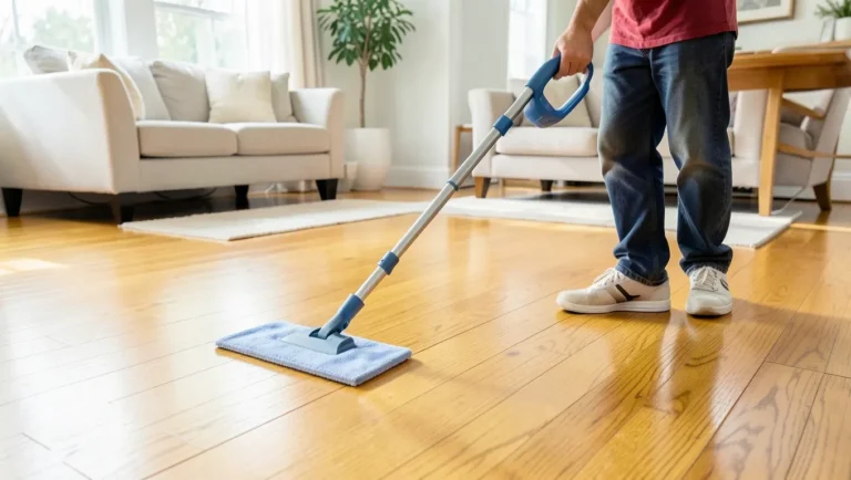 Person deep cleaning a hardwood floor with a microfiber spray mop