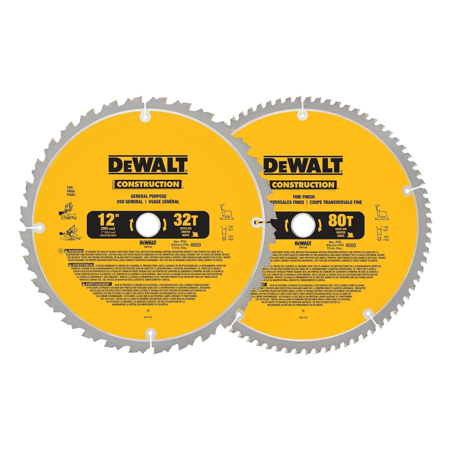 DEWALT DW3128P5 12-inch miter saw blade 2-pack, 80 and 32 tooth