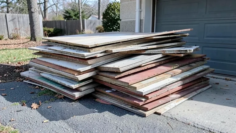 Stacked old composite deck boards removed for disposal