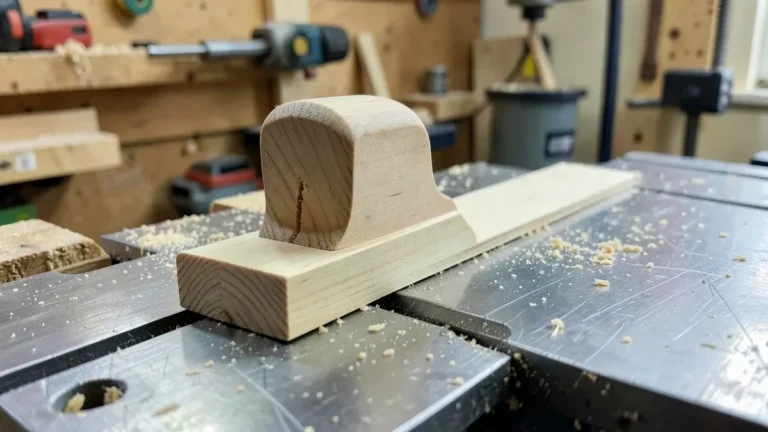 Homemade plywood push block with heel notch and raised handle on a table saw