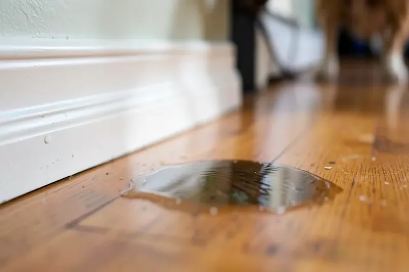 A fresh urine stain on a hardwood floor near a baseboard