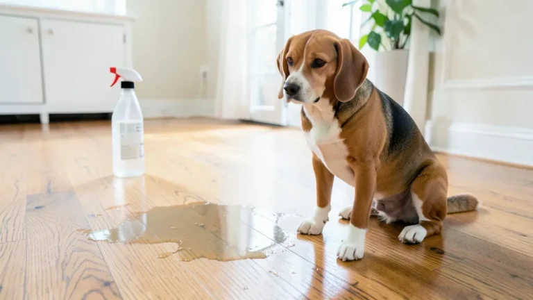 A dog sitting near a fresh pee stain on a hardwood floor with a spray bottle nearby