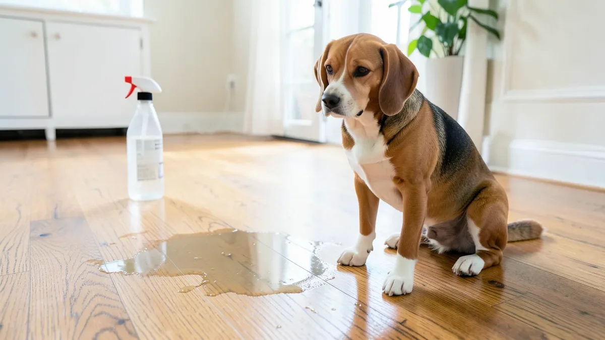 A dog sitting near a fresh pee stain on a hardwood floor with a spray bottle nearby