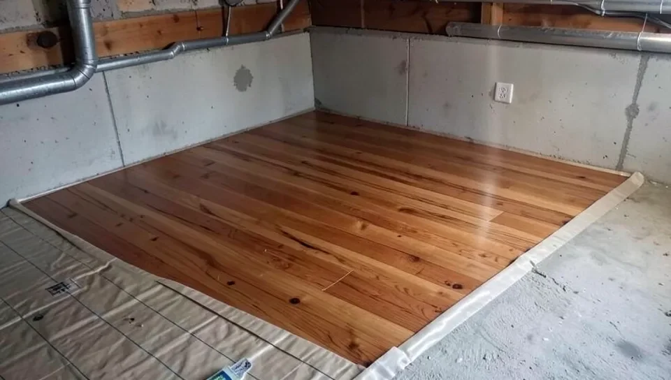 Engineered hardwood flooring installed over a moisture barrier in a basement
