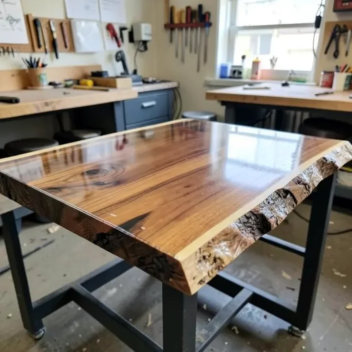 Live-edge wood table with clear epoxy resin filling the natural gaps
