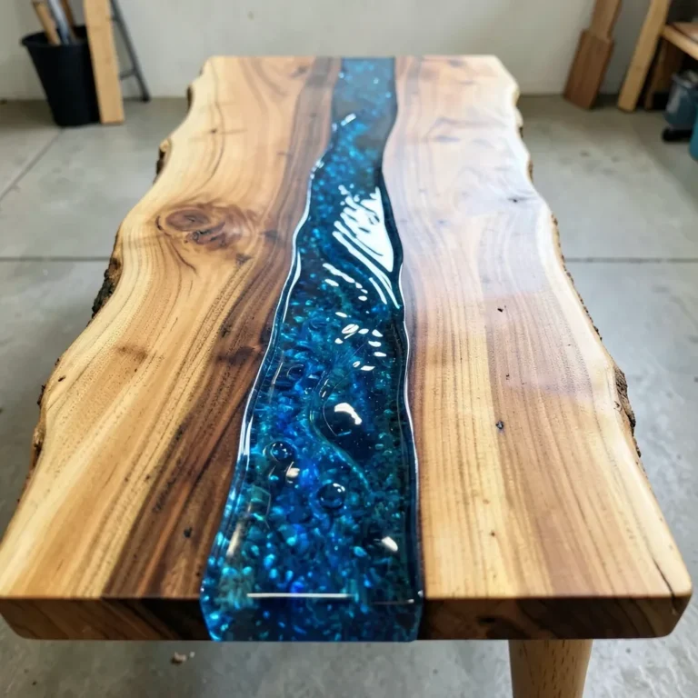 Live edge wood table with a clear epoxy river