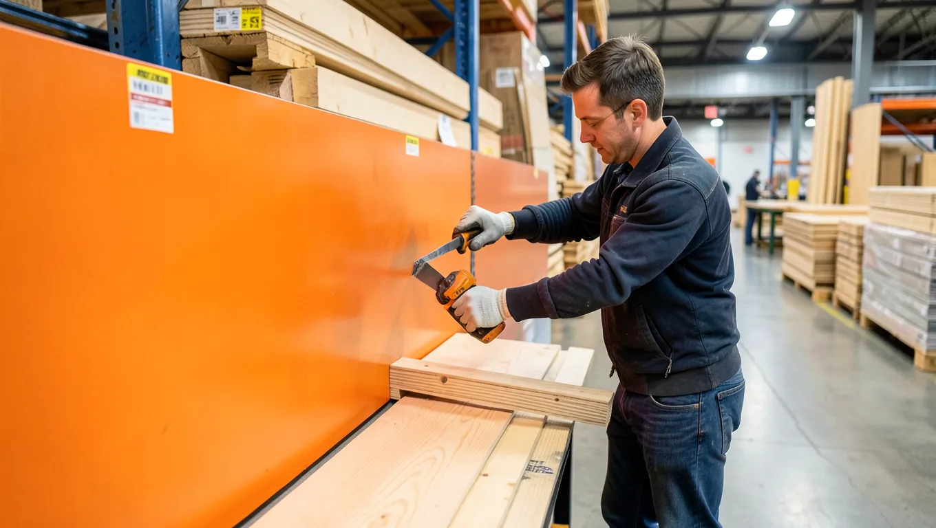 featured store employee cutting plywood sheet