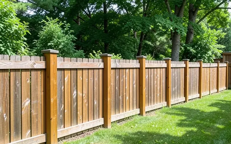 Finished wood privacy fence with stained pressure treated posts and cap tops