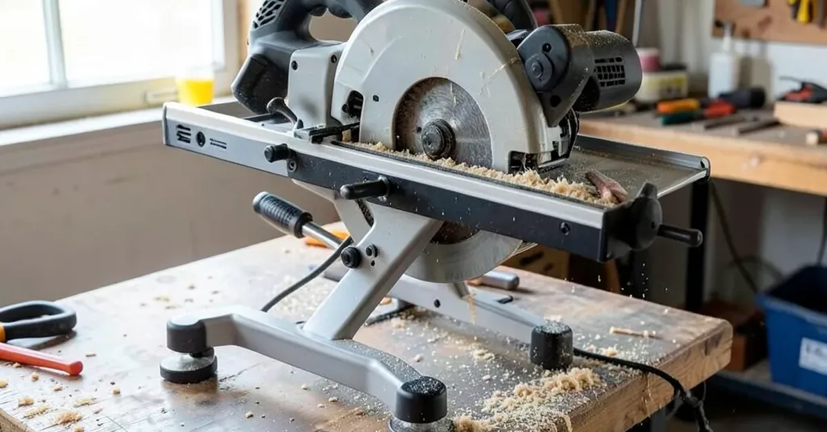 Cordless jobsite table saw with folding side extension on a garage workbench Cordless jobsite table saw with folding side extension on a garage workbench