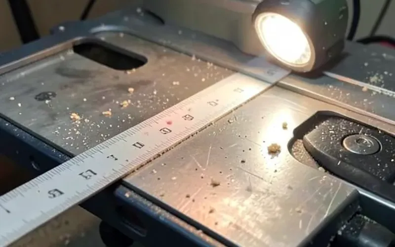Close-up of a table saw rip fence scale lit by an LED worklight Close-up of a table saw rip fence scale lit by an LED worklight
