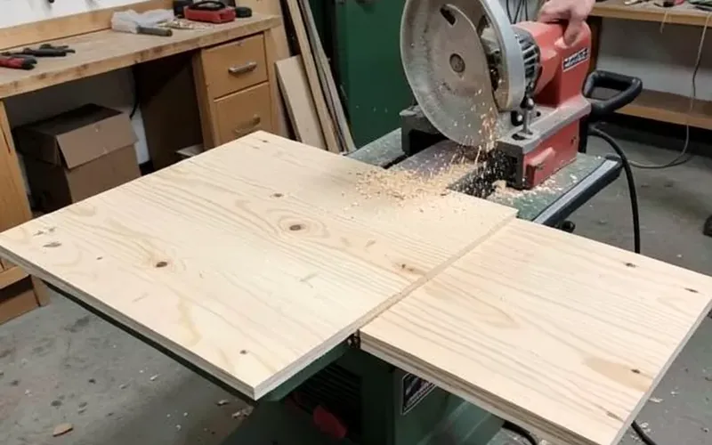 Plywood sheet being ripped on a jobsite table saw with a side extension table Plywood sheet being ripped on a jobsite table saw with a side extension table