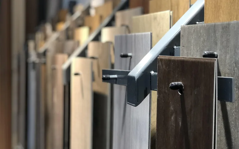 Rows of engineered hardwood flooring plank samples on a showroom display rack