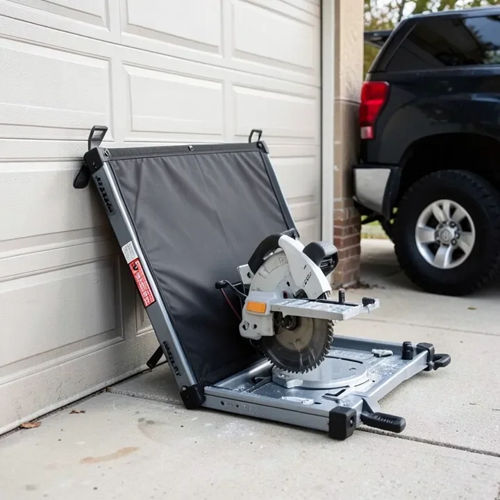 A miter saw stand folded flat for transport next to a truck