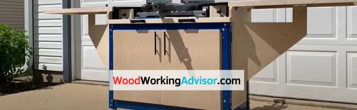Folding miter saw stand set up in a driveway with a miter saw mounted and extension wings out