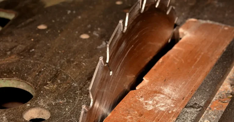 close-up of a carbide-tipped circular saw blade mounted on a table saw