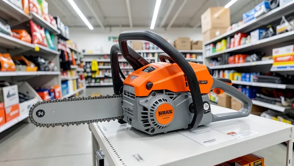 Gas-powered chainsaw on display in a home improvement store
