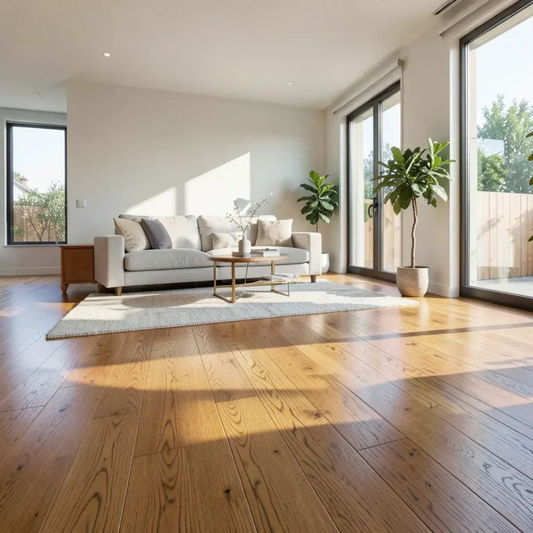 Freshly installed solid oak hardwood floor in a bright modern living room
