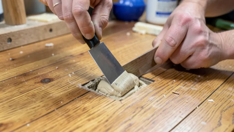 Hardwood floor gap being filled with wood filler using a putty knife