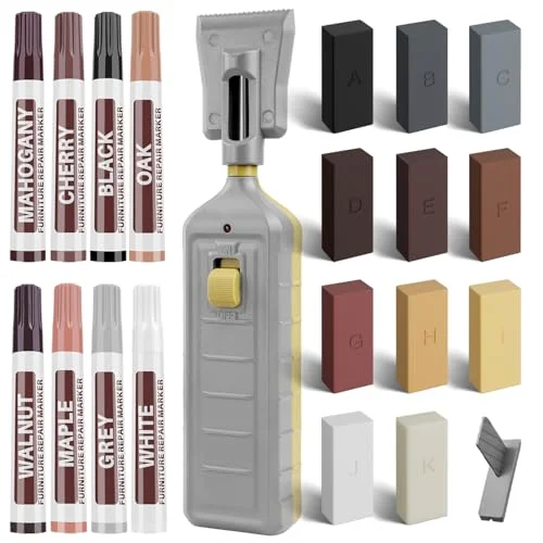 Hardwood floor repair kit with 11 color-matched wax touch-up markers