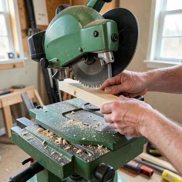 hands guiding a wood trim board through a compound miter saw in a garage workshop