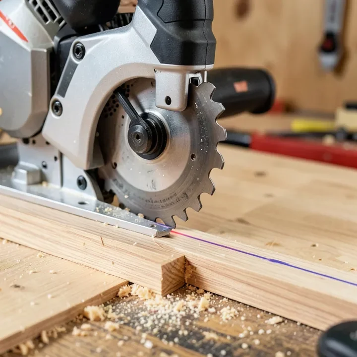 close-up of a miter saw laser marker line aligned on a wood board before cutting