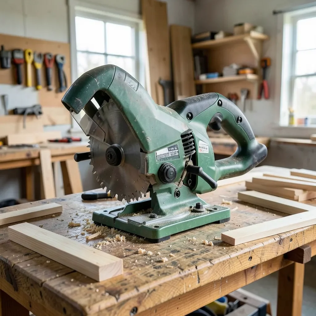 Compound miter saw on a workbench in a garage woodworking shop