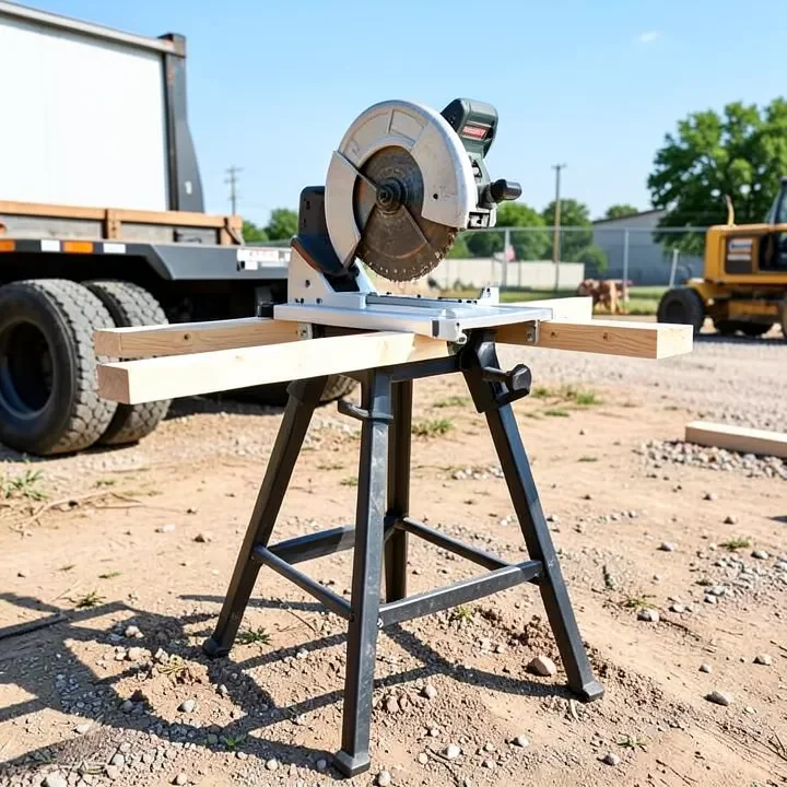 Miter saw mounted on a folding stand with material support arms extended