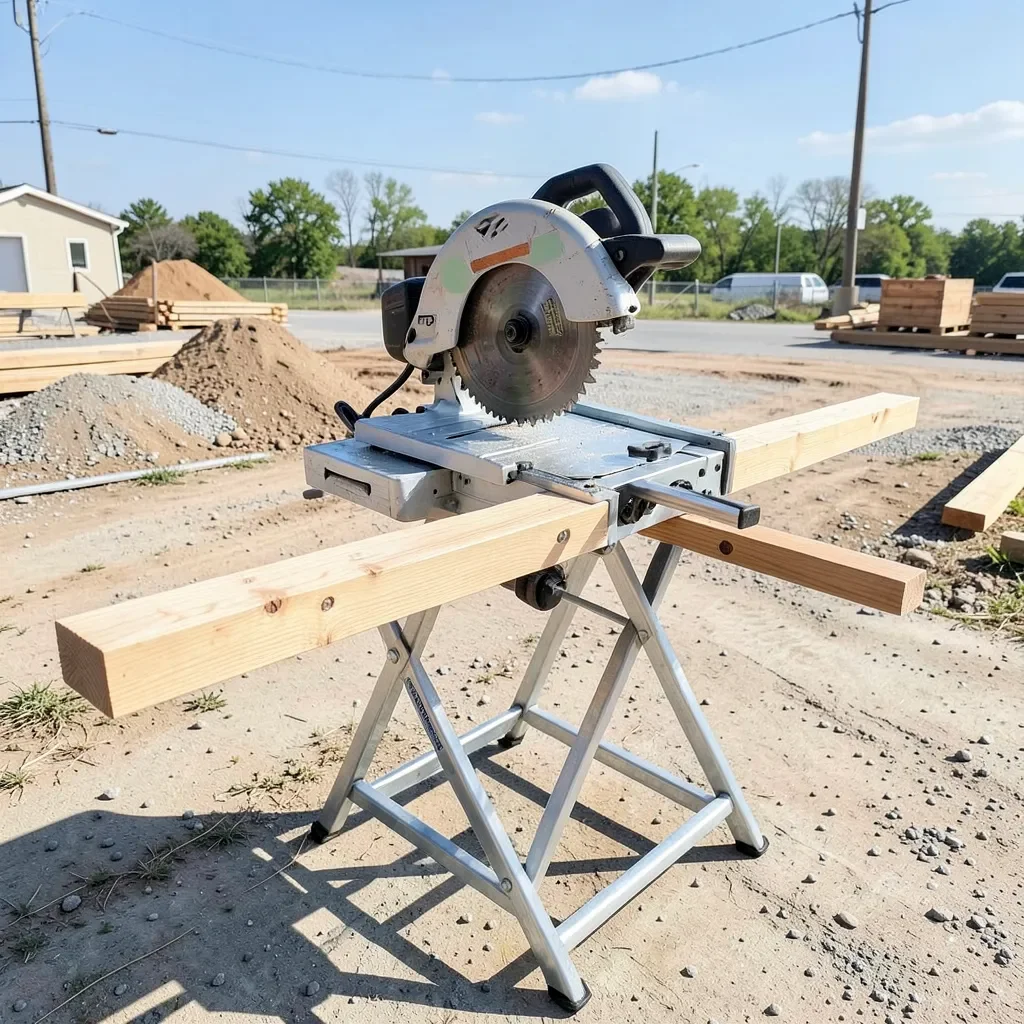 Miter saw on a folding stand at a job site
