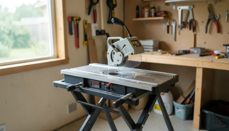 Compact benchtop table saw set up in a home garage woodworking shop