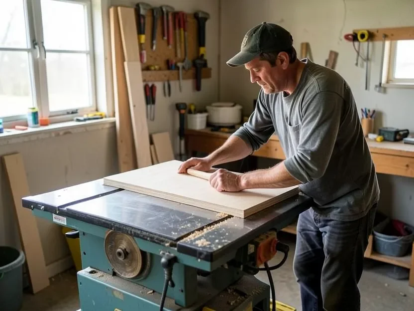 Home hobbyist woodworker feeding a plywood board through a benchtop table saw