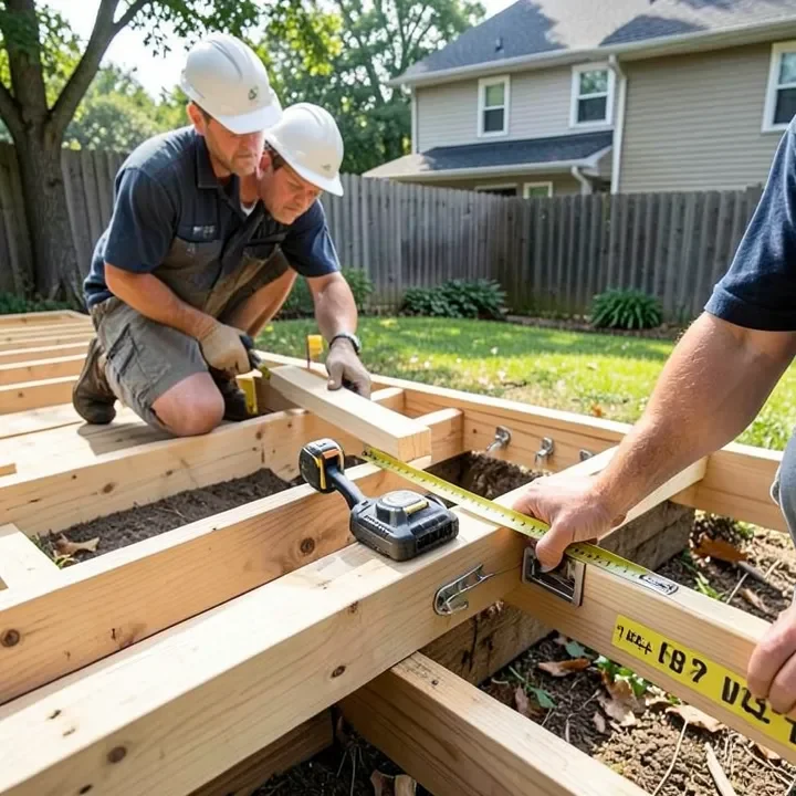 a contractor measuring a partially built deck frame to estimate material cost