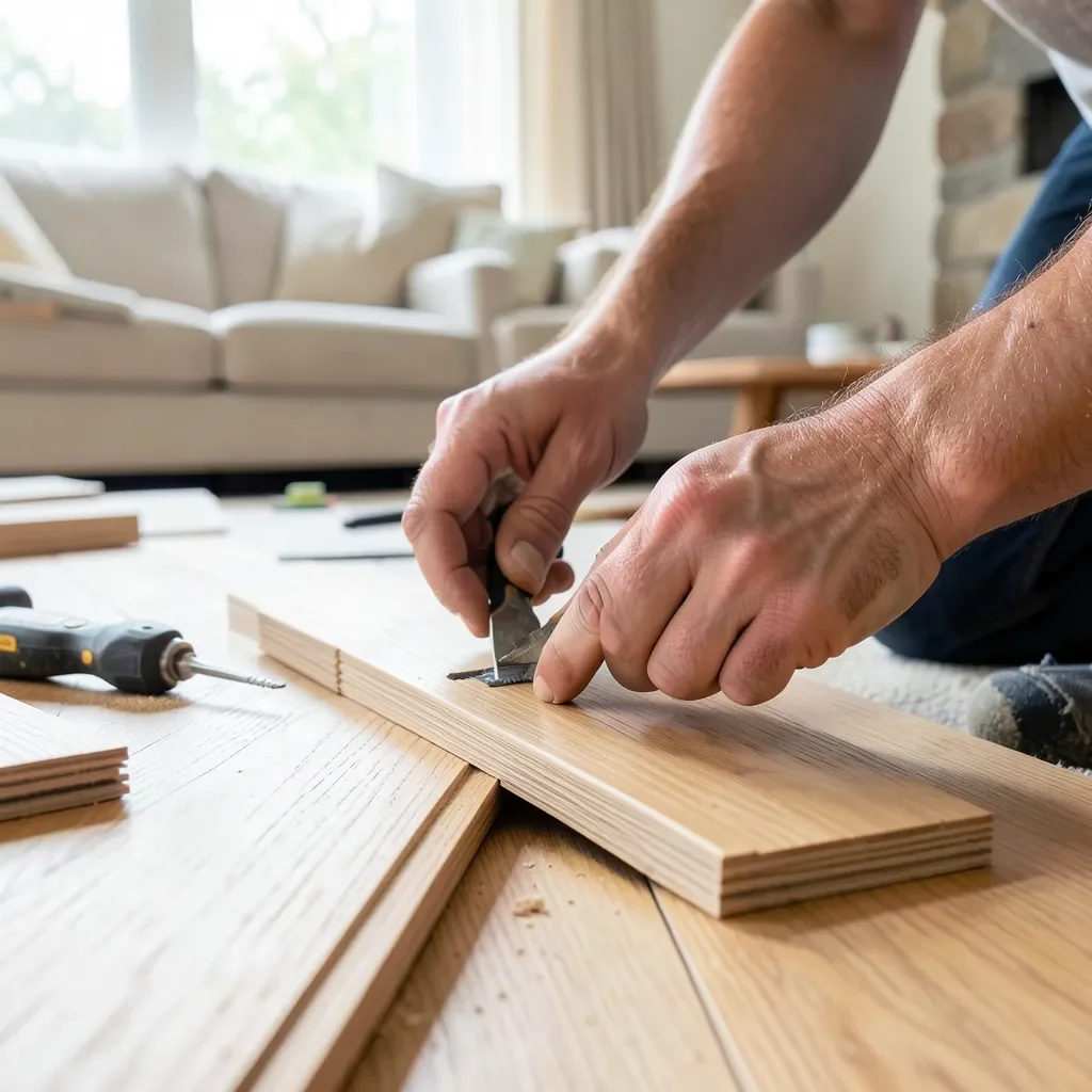 Carpenter installing engineered wood flooring planks in a living room