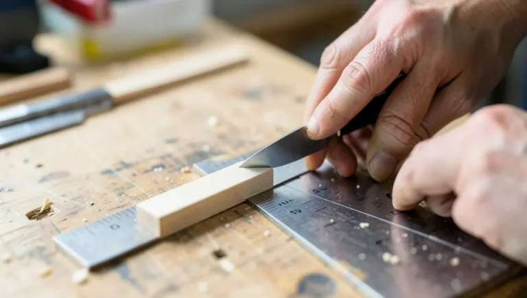 Hands scoring a popsicle stick with a craft knife against a metal straightedge