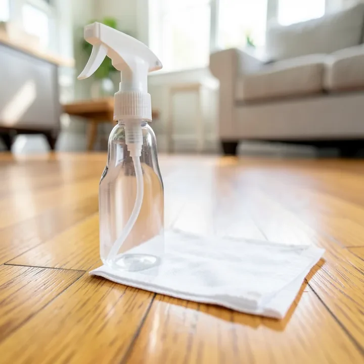 Cleaning spray and cloth on a hardwood floor