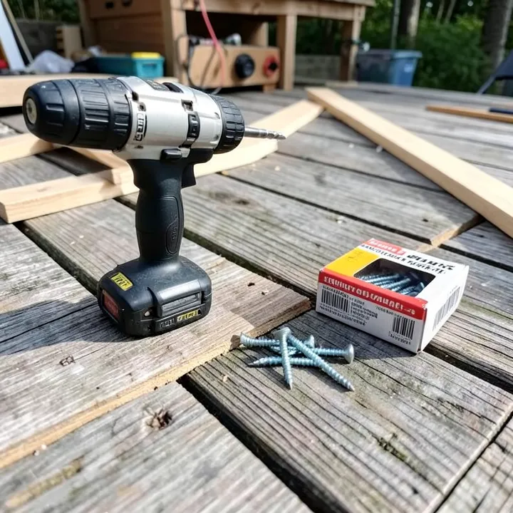 cordless drill and box of deck screws on a weathered wood deck ready for board repair