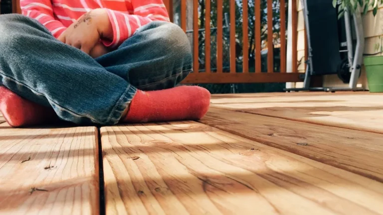 Stained wood deck boards and railing in afternoon sun