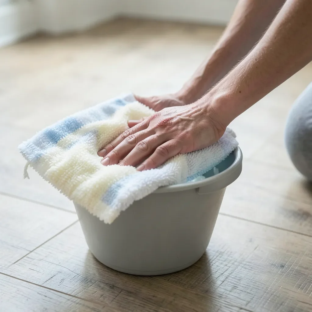 damp microfiber mop being wrung out next to a wood-look laminate floor