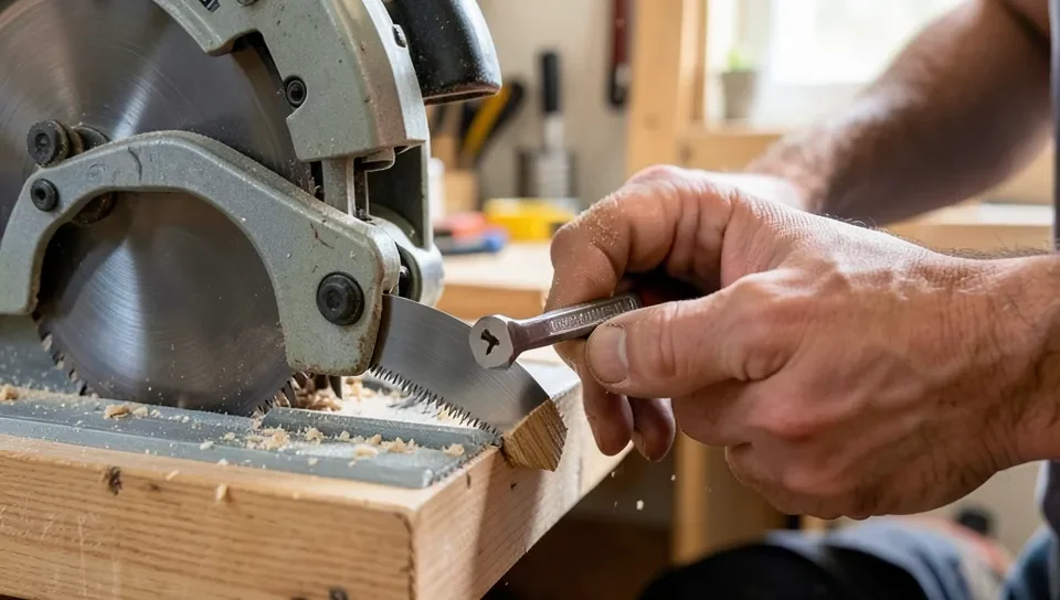 Woodworker using a hex wrench to install a circular saw blade on a saw arbor Woodworker using a hex wrench to install a circular saw blade on a saw arbor