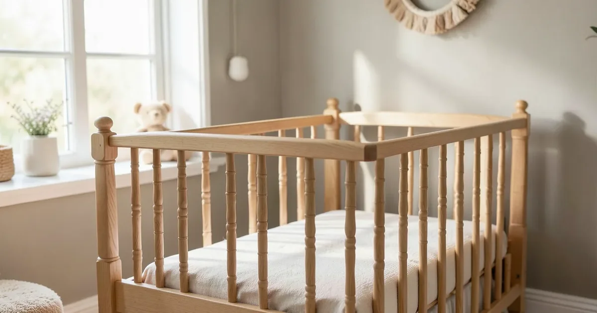 Light maple wood Jenny Lind spindle crib in a nursery