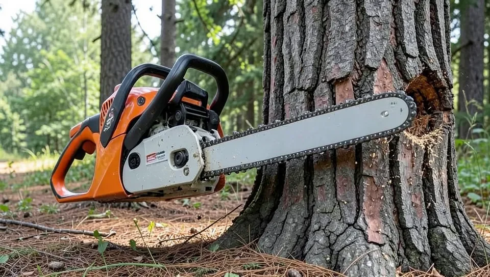 Large professional gas chainsaw cutting a thick tree trunk