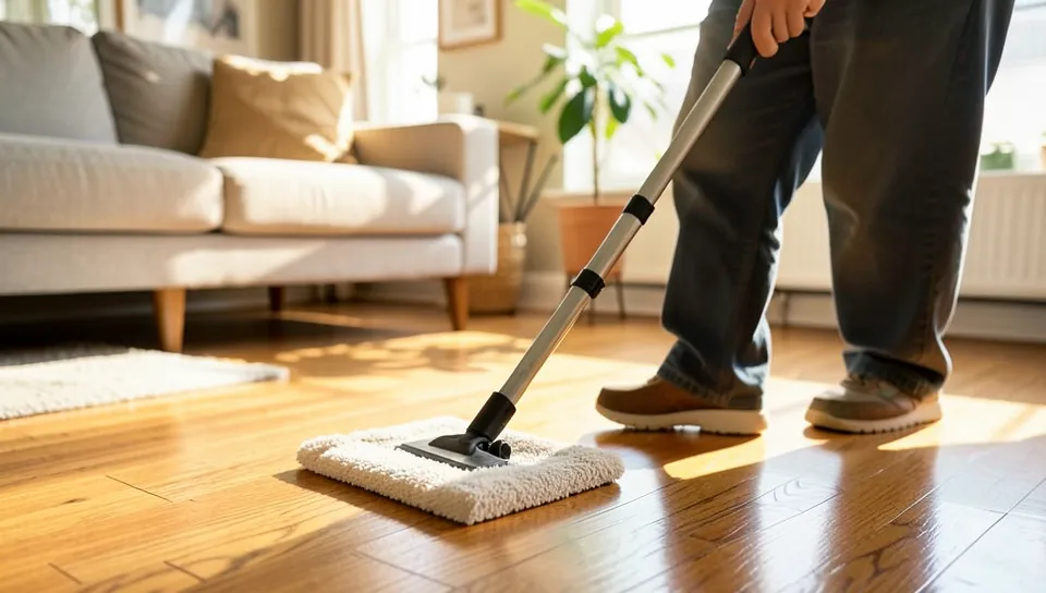 Homeowner using a dry microfiber mop on a hardwood floor Homeowner using a dry microfiber mop on a hardwood floor