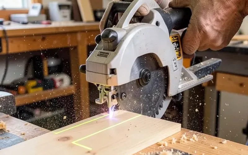 Miter saw laser guide line projected onto a wood board before a cut Miter saw laser guide line projected onto a wood board before a cut