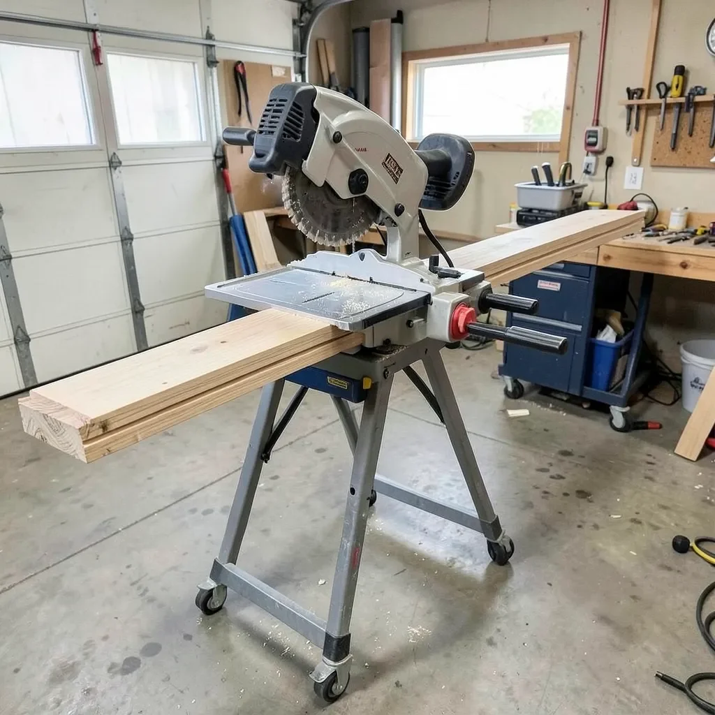 Miter saw mounted on a rolling stand with long boards on the extension arms