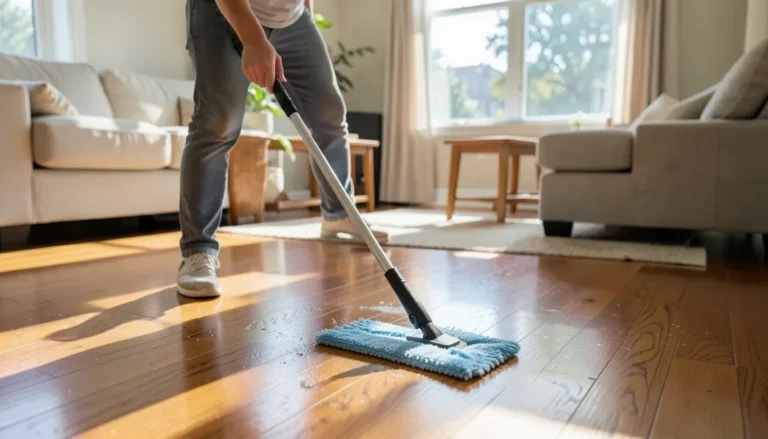 A slightly damp microfiber mop being used on a hardwood floor