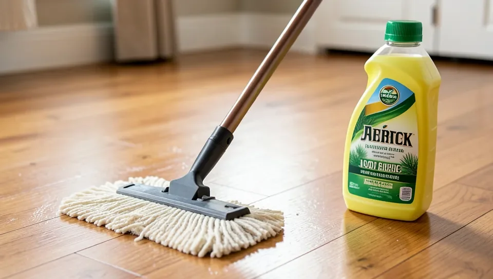 Mopping a wood floor with a diluted cleaning solution