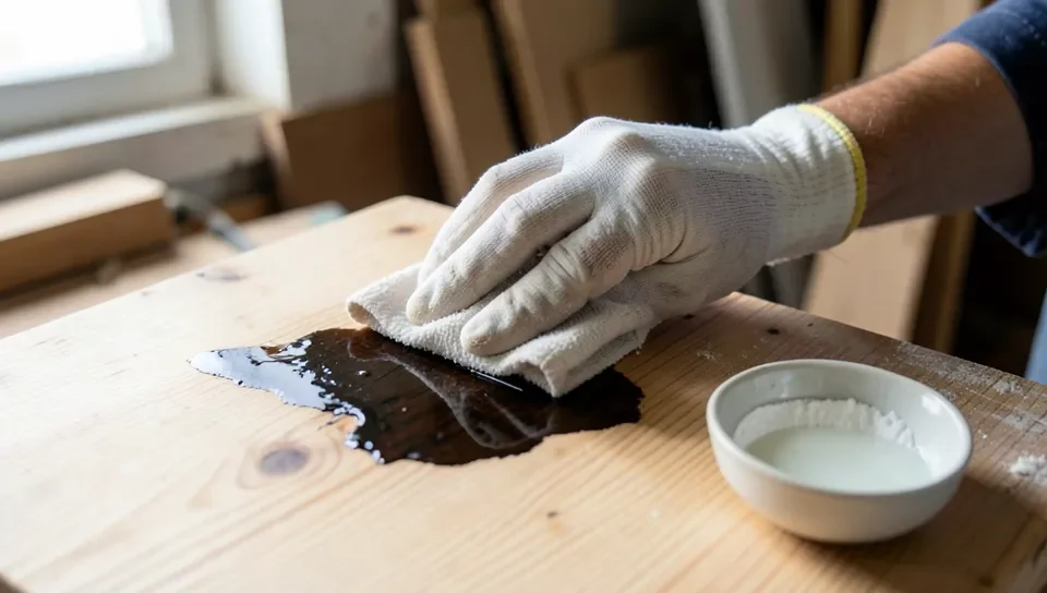 Wiping an oxalic acid wood bleach solution onto a dark water stain on raw unfinished wood